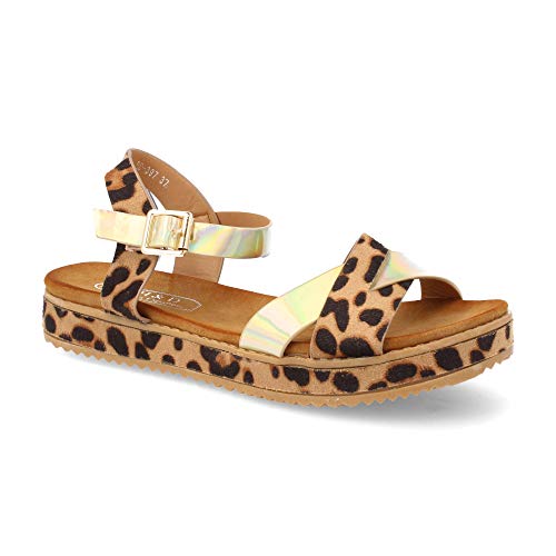Sandalia para Mujer con Plataforma Plana Forrada de Animal Print y Dorados Primavera Verano 2019. Talla 36 Leopardo