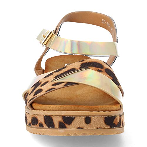Sandalia para Mujer con Plataforma Plana Forrada de Animal Print y Dorados Primavera Verano 2019. Talla 36 Leopardo