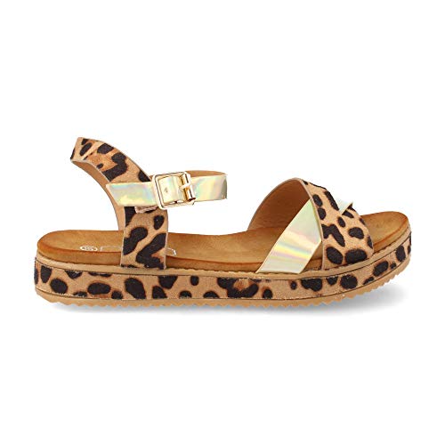 Sandalia para Mujer con Plataforma Plana Forrada de Animal Print y Dorados Primavera Verano 2019. Talla 36 Leopardo