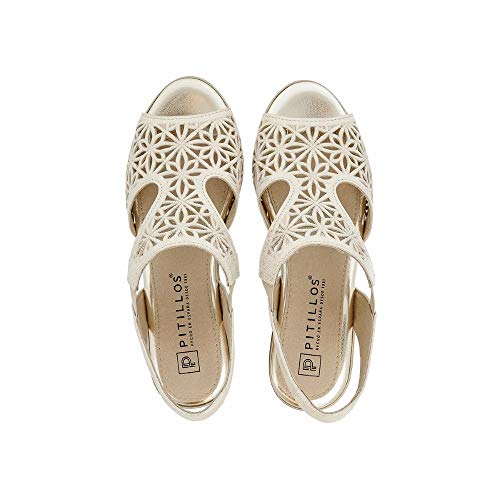 Sandalia Piel cuña de 4,5cm y con Elasticos Laterales (Oro, Numeric_36)