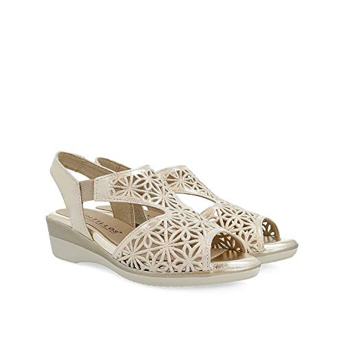 Sandalia Piel cuña de 4,5cm y con Elasticos Laterales (Oro, Numeric_36)