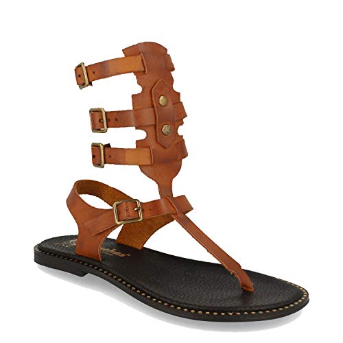 Sandalia Plana de Mujer, Comodas y Casuales, Echas de Piel, de Estilo Romano, Atado por el Tobillo con Hebillas, Primavera Verano 2021. Talla 40 Camel