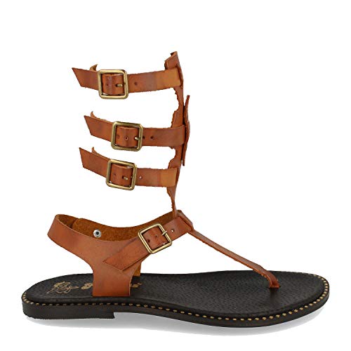 Sandalia Plana de Mujer, Comodas y Casuales, Echas de Piel, de Estilo Romano, Atado por el Tobillo con Hebillas, Primavera Verano 2021. Talla 40 Camel