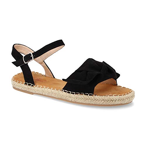 Sandalia Plana de Yute Casual con Lazo y Pulsera Ajustable. Coleccion Primavera Verano. Talla 38 Negro