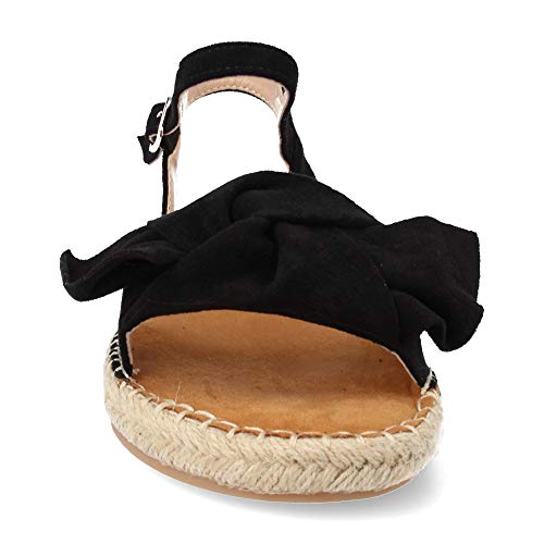 Sandalia Plana de Yute Casual con Lazo y Pulsera Ajustable. Coleccion Primavera Verano. Talla 38 Negro