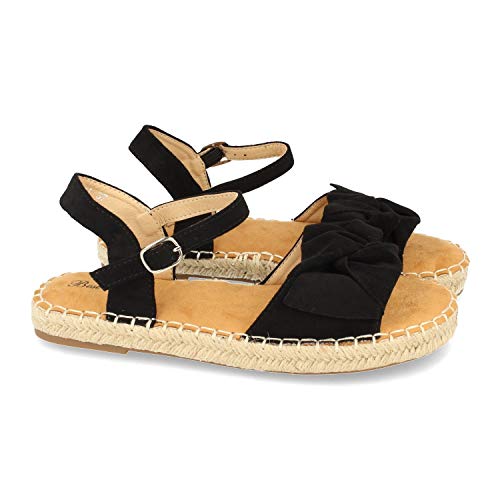 Sandalia Plana de Yute Casual con Lazo y Pulsera Ajustable. Coleccion Primavera Verano. Talla 38 Negro