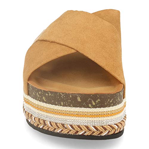 Sandalia Plana para Mujer con Palas Cruzadas, Suela Sintetica Bio y Yute y Adornada con Motivos Etnicos. Primavera Verano 2020. Talla 40 Camel