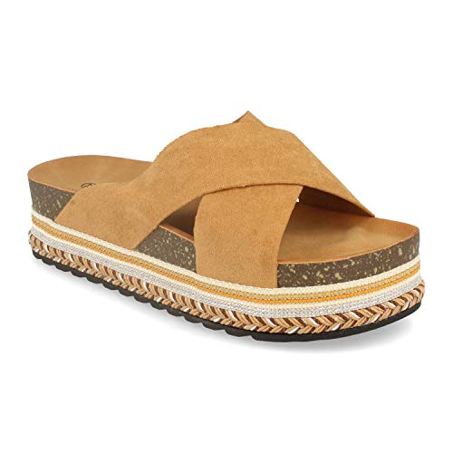 Sandalia Plana para Mujer con Palas Cruzadas, Suela Sintetica Bio y Yute y Adornada con Motivos Etnicos. Primavera Verano 2020. Talla 40 Camel