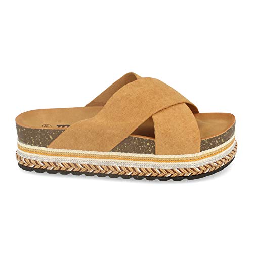 Sandalia Plana para Mujer con Palas Cruzadas, Suela Sintetica Bio y Yute y Adornada con Motivos Etnicos. Primavera Verano 2020. Talla 40 Camel