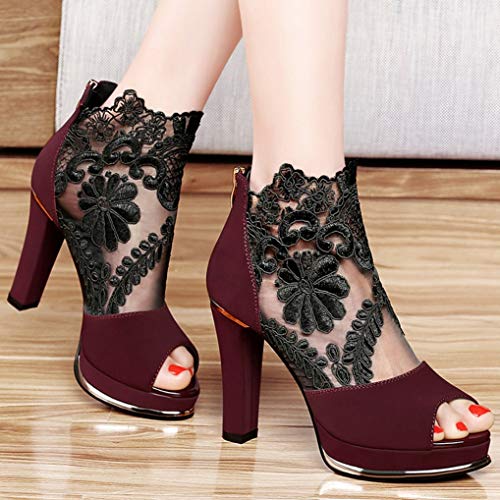 Sandalias Altas para Mujer Tacón con Plataforma de Encaje Sandalias de tacón Alto de Verano Tacón Occidental Peep-Toe Tacones Altos para Mujer