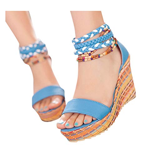 Sandalias Boho Tacones de Verano Mujer, Roma Vintage Zapatos de Playa Zapatos Planos de Casuales de Plataforma Sandalias Boca de Pescado Sandalias de CuñA con Cremallera Talla Grande Amarillo 35-43EU