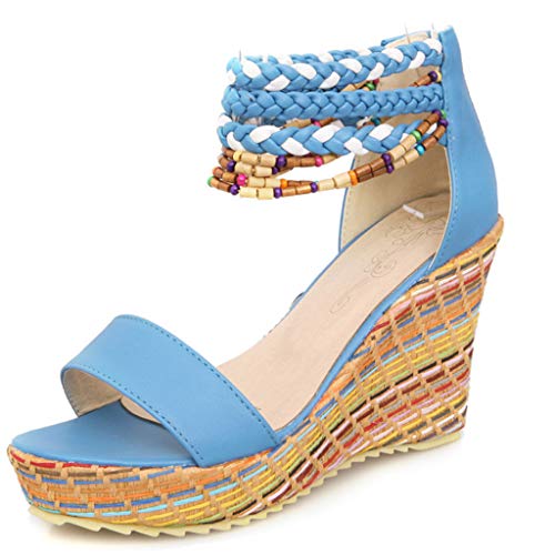 Sandalias Boho Tacones de Verano Mujer, Roma Vintage Zapatos de Playa Zapatos Planos de Casuales de Plataforma Sandalias Boca de Pescado Sandalias de CuñA con Cremallera Talla Grande Amarillo 35-43EU