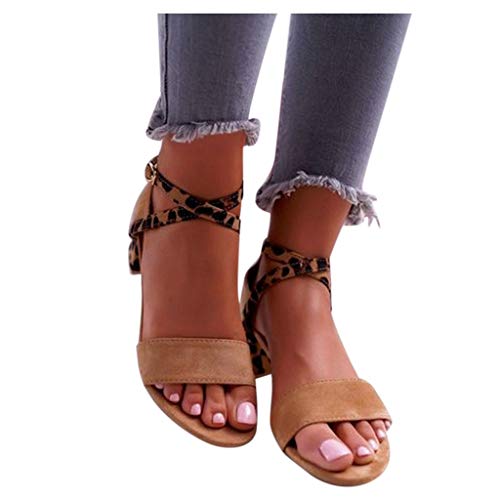 Sandalias con Estampado De Leopardo Mujer,Tacones De Verano Elegantes Sandalias De Punta Abierta Tacones Gruesos Y Abrochados Zapatos CóModos Y Transpirables Zapatos De Fiesta Caqui Negro 35-43EU