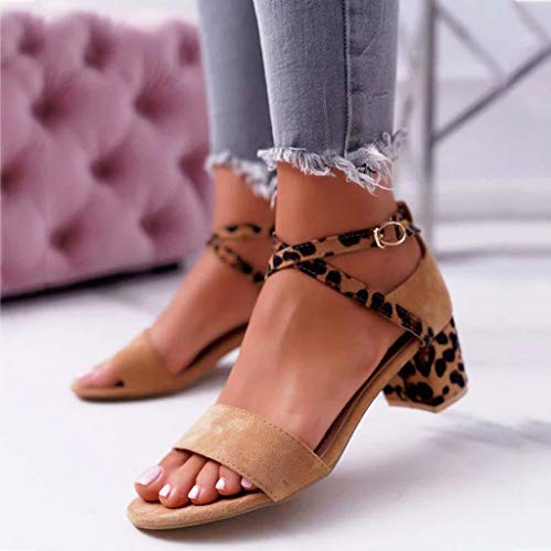 Sandalias con Estampado De Leopardo Mujer,Tacones De Verano Elegantes Sandalias De Punta Abierta Tacones Gruesos Y Abrochados Zapatos CóModos Y Transpirables Zapatos De Fiesta Caqui Negro 35-43EU