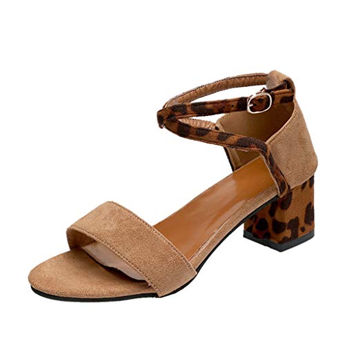 Sandalias con Estampado De Leopardo Mujer,Tacones De Verano Elegantes Sandalias De Punta Abierta Tacones Gruesos Y Abrochados Zapatos CóModos Y Transpirables Zapatos De Fiesta Caqui Negro 35-43EU