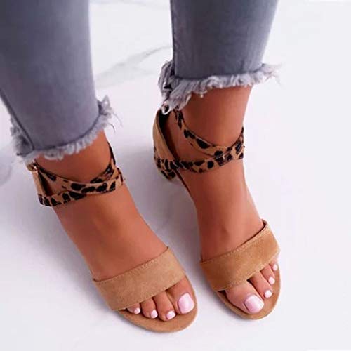 Sandalias con Estampado De Leopardo Mujer,Tacones De Verano Elegantes Sandalias De Punta Abierta Tacones Gruesos Y Abrochados Zapatos CóModos Y Transpirables Zapatos De Fiesta Caqui Negro 35-43EU