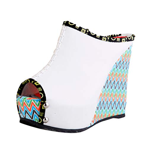 Sandalias con Estampado éTnico Verano Mujer Zapatillas Planos Boho de Plataforma de Cuerda de CuñA Sandalias con Punta Abierta Fiesta Roman Tacones Altos Zapatos de Boca de Pescado Playa 35-43EU