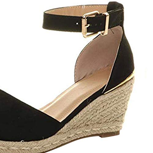 Sandalias Cuña Mujer Verano Plataformas Hebilla de Mujer Correa de Tobillo Sandalias Cuñas Sandalias Tejido de Verano Zapatos Transpirables 35-43 EU (Negro, 36 EU)
