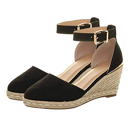 Sandalias Cuña Mujer Verano Plataformas Hebilla de Mujer Correa de Tobillo Sandalias Cuñas Sandalias Tejido de Verano Zapatos Transpirables 35-43 EU (Negro, 36 EU)