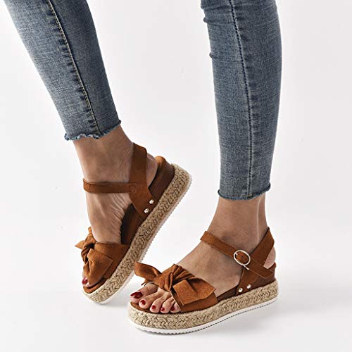 Sandalias de Casuales de Verano Zapatos de Plataforma,Tacones de CuñA de Leopardo Macizo Tacones Altos Romanos Vintage,Sandalias Planos Con Hebilla de Punta Abierta de Bowknot Negro MarróN 35-43 EU