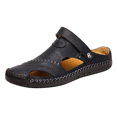 Sandalias de Cuero Casual de Verano para Hombre Transpirable Tendencia Zapatos de Playa al Aire Libre Sandalias de Playa Zapatillas de Montaña Senderismo Cuero Negro 38-48 riou