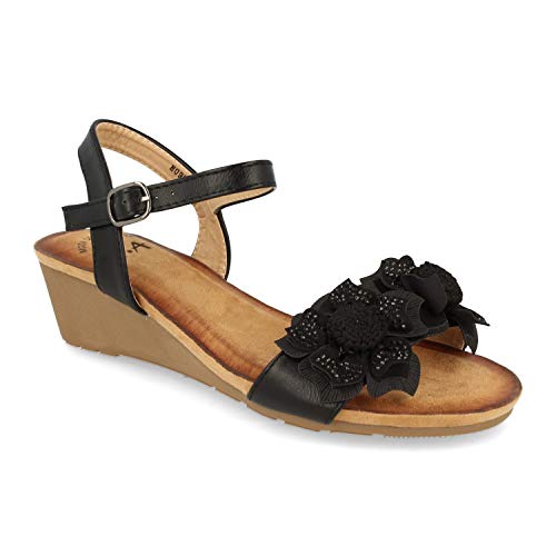 Sandalias de Cuna Estilo Boho para Mujer. con Planta Bio Confort, Adorno de Flor en la Pala y Cierre de Hebilla. Primavera Verano 2020. Talla 36 Negro