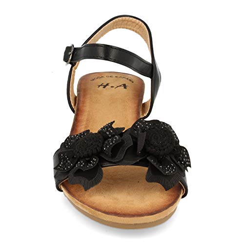 Sandalias de Cuna Estilo Boho para Mujer. con Planta Bio Confort, Adorno de Flor en la Pala y Cierre de Hebilla. Primavera Verano 2020. Talla 36 Negro