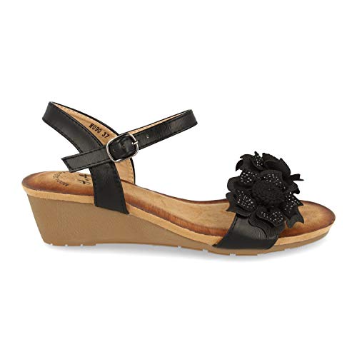 Sandalias de Cuna Estilo Boho para Mujer. con Planta Bio Confort, Adorno de Flor en la Pala y Cierre de Hebilla. Primavera Verano 2020. Talla 36 Negro