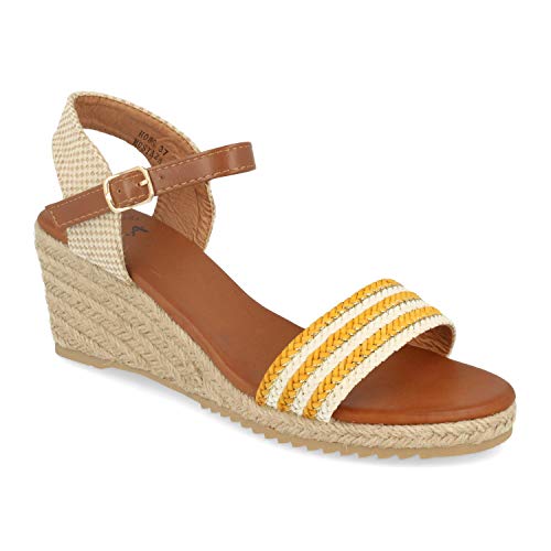 Sandalias de Mujer con Cuna de Yute, Pala Trenzada y Correa con Hebilla en el Tobillo. Primavera Verano 2020. Talla 40 Amarillo
