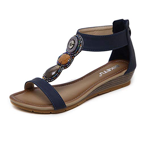 Sandalias de Mujer Cuñas Zapatos de Mujer Nuevo Sandalias Nacionales Zapatos Romanos Tamaño Grande@Azul_37