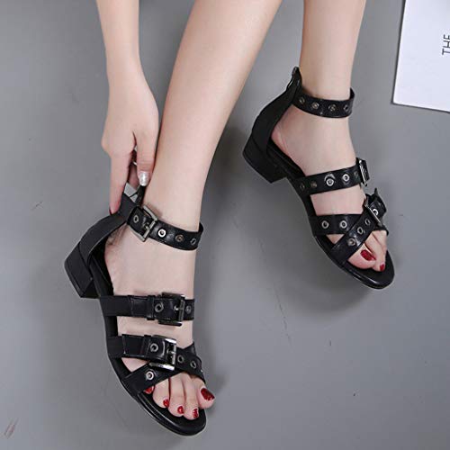 Sandalias De Tacón Cuadrado Para Mujer Zapatos De Verano Con Tacón Medio y Correa De Tobillo Peep-Toe Fiesta Carrera Boda Bombas De Cremallera Femme