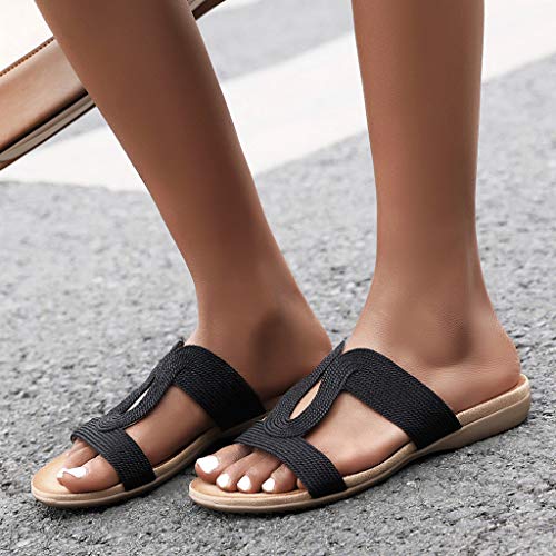 Sandalias de Verano Mujer Zapatos Planos de Playa Sandalias Romanas Vintage Zapatillas Casuales de Moda Zapatillas de Punta Abierta Sandalias CóModas Antideslizantes Negro Dorado Plateado 35-43EU