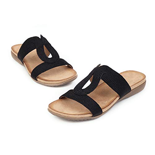 Sandalias de Verano Mujer Zapatos Planos de Playa Sandalias Romanas Vintage Zapatillas Casuales de Moda Zapatillas de Punta Abierta Sandalias CóModas Antideslizantes Negro Dorado Plateado 35-43EU