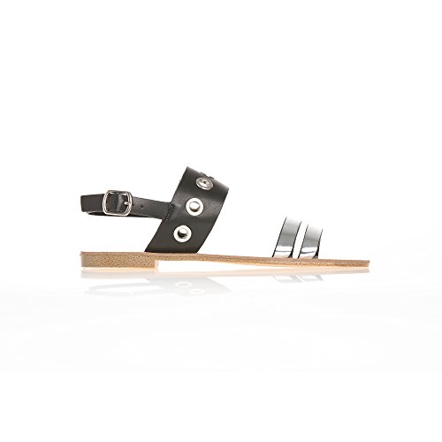 Sandalias Finas Tiras en el Empeine y Ancha Banda a Contraste con Ojales metálicos by Vencastyle,Plateado,36