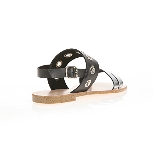 Sandalias Finas Tiras en el Empeine y Ancha Banda a Contraste con Ojales metálicos by Vencastyle,Plateado,36