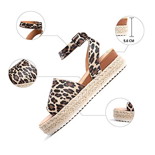 Sandalias Mujer Alpargatas Plataformas Romano Cuña Hebilla Gladiador Zapatos Verano Playa Punta Abierta Tacon 5.6cm Correa de Tobillo 1-Leopardo EU38