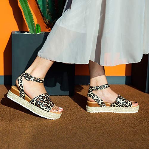 Sandalias Mujer Alpargatas Plataformas Romano Cuña Hebilla Gladiador Zapatos Verano Playa Punta Abierta Tacon 5.6cm Correa de Tobillo 1-Leopardo EU38