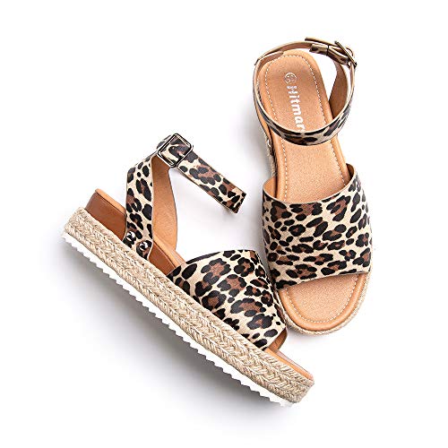 Sandalias Mujer Alpargatas Plataformas Romano Cuña Hebilla Gladiador Zapatos Verano Playa Punta Abierta Tacon 5.6cm Correa de Tobillo 1-Leopardo EU38