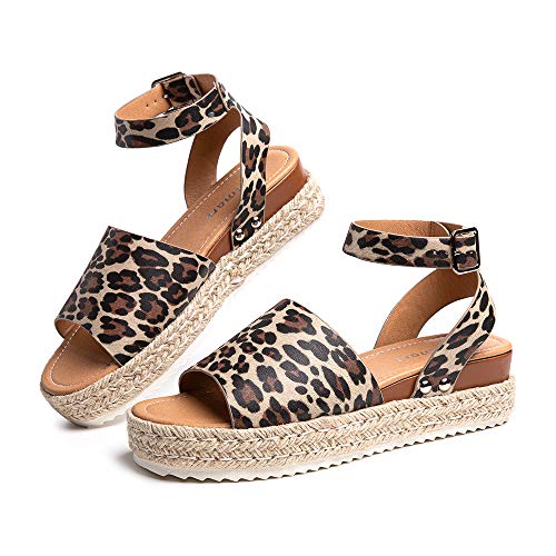 Sandalias Mujer Alpargatas Plataformas Romano Cuña Hebilla Gladiador Zapatos Verano Playa Punta Abierta Tacon 5.6cm Correa de Tobillo 1-Leopardo EU38