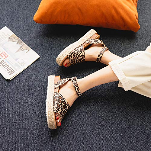 Sandalias Mujer Alpargatas Plataformas Romano Cuña Hebilla Gladiador Zapatos Verano Playa Punta Abierta Tacon 5.6cm Correa de Tobillo 1-Leopardo EU38