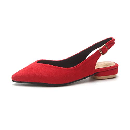 Sandalias Mujer, Bailarinas De Tacón Bajo Cuadrada Elegante De Boda Fiesta Mocasines Punta Estrecha Sexy Bombas Zapatos Solos De Verano Primavera Zapatillas De Color Solido 35-39EU(Rojo, 35)