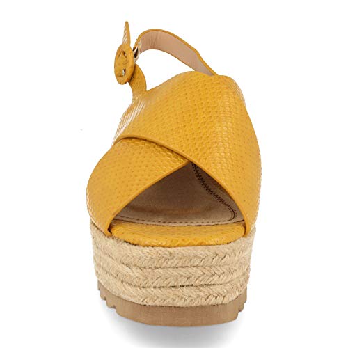 Sandalias Mujer Boho-Chic con Plataforma de Yute, Pala Cruzada Cocodrilo y Cierre Ajustable con Hebilla. Primavera Verano 2020. Talla 39 Amarillo