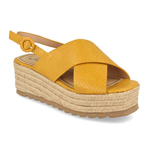 Sandalias Mujer Boho-Chic con Plataforma de Yute, Pala Cruzada Cocodrilo y Cierre Ajustable con Hebilla. Primavera Verano 2020. Talla 39 Amarillo