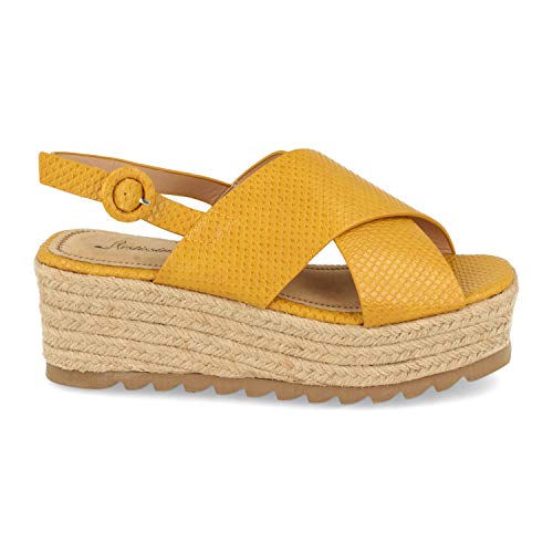 Sandalias Mujer Boho-Chic con Plataforma de Yute, Pala Cruzada Cocodrilo y Cierre Ajustable con Hebilla. Primavera Verano 2020. Talla 39 Amarillo