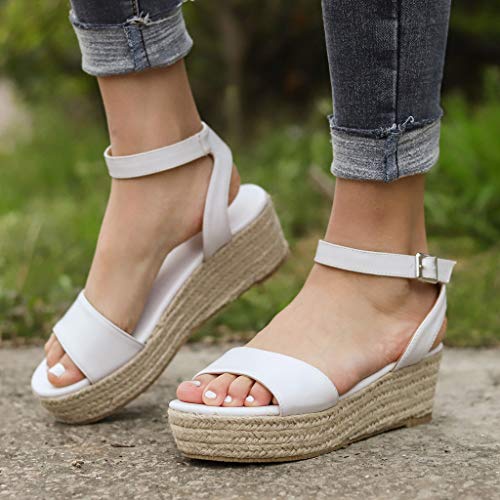 Sandalias Mujer Cuña, Verano Hebillas de Plataforma de Tejido Sandalias Impermeable a Rayas para Mujeres Leopardo cáñamo Fondo Grueso Zapatos Romanas riou 35-43