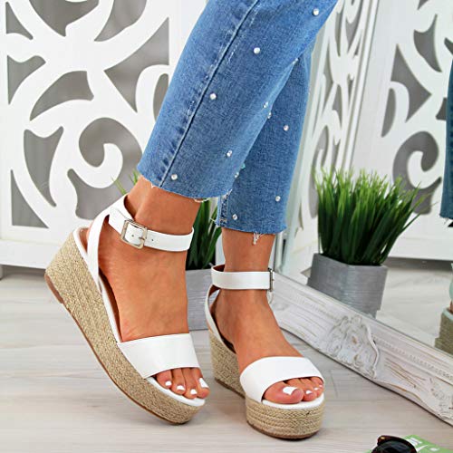 Sandalias Mujer Cuña, Verano Hebillas de Plataforma de Tejido Sandalias Impermeable a Rayas para Mujeres Leopardo cáñamo Fondo Grueso Zapatos Romanas riou 35-43