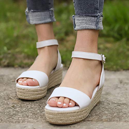Sandalias Mujer Cuña, Verano Hebillas de Plataforma de Tejido Sandalias Impermeable a Rayas para Mujeres Leopardo cáñamo Fondo Grueso Zapatos Romanas riou 35-43