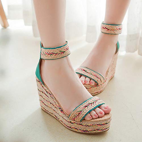 Sandalias Mujer CuñA Zapatos con Plataforma de Cuerda de CáñAmo Wedge TacóN 10cm Sandalias con Estampado éTnico Zapatillas Romanas Verano Zapatos Planos de Boho Playa de Tacones Altos 35-43EU