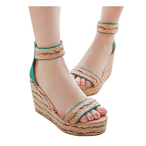 Sandalias Mujer CuñA Zapatos con Plataforma de Cuerda de CáñAmo Wedge TacóN 10cm Sandalias con Estampado éTnico Zapatillas Romanas Verano Zapatos Planos de Boho Playa de Tacones Altos 35-43EU