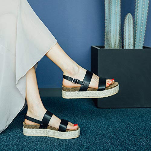 Sandalias Mujer Plataforma Alpargatas Cuña Verano Zapatos de Tacón Punta Abierta Comodas Vestir Correa Tobillo Hebilla Negro-2 39 EU